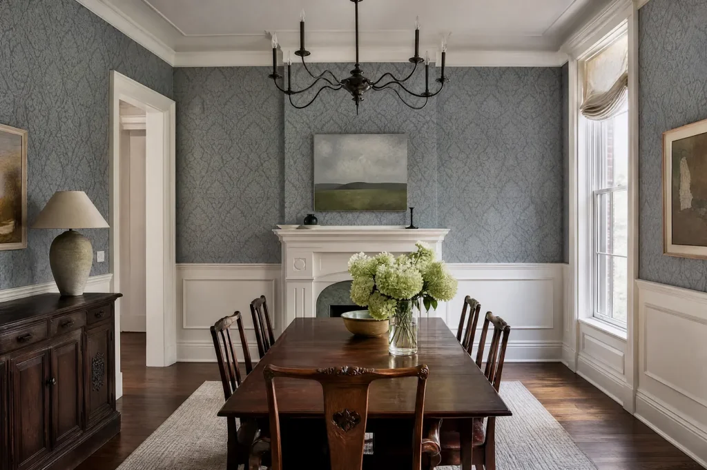Dining room with freshly hung blue-grey damask wallpaper