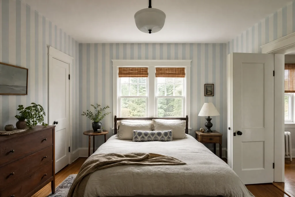 Bedroom with freshly hung striped wallpaper and white trim