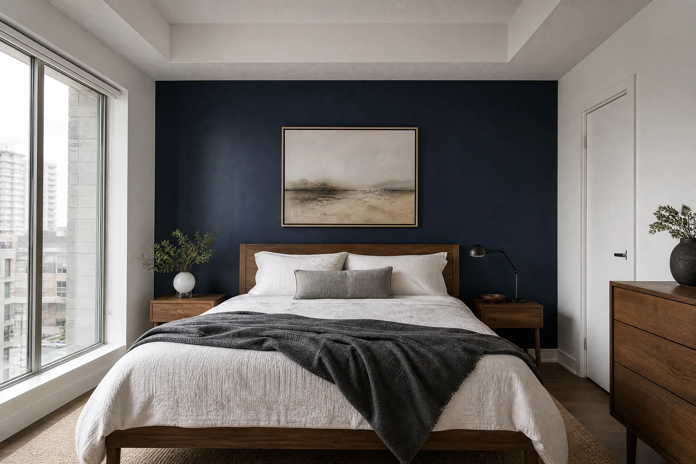 Condo bedroom with a freshly painted navy accent wall