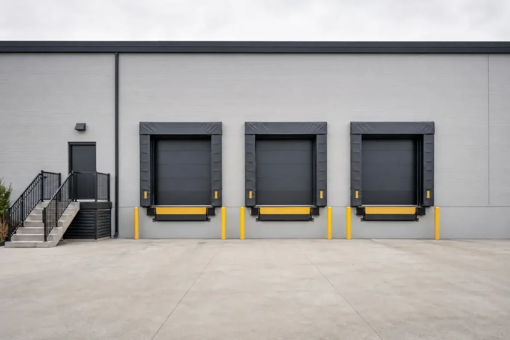 Loading dock wall freshly painted grey with charcoal dock doors