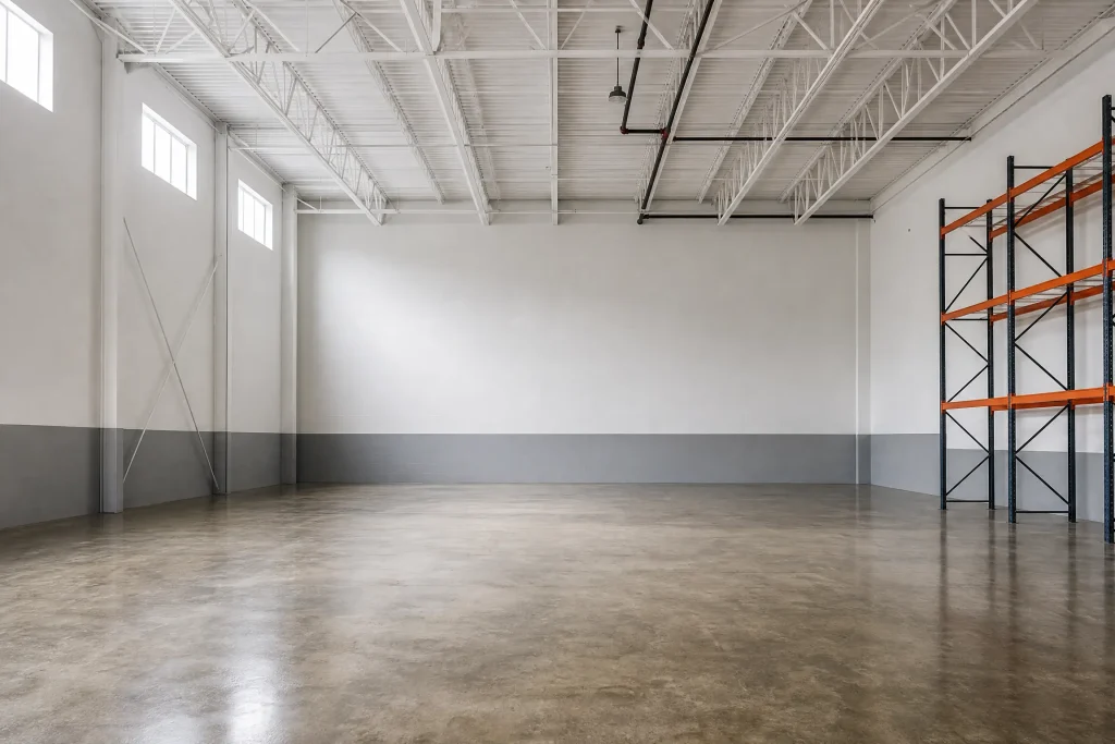 Warehouse with its steel joists and roof deck freshly painted white