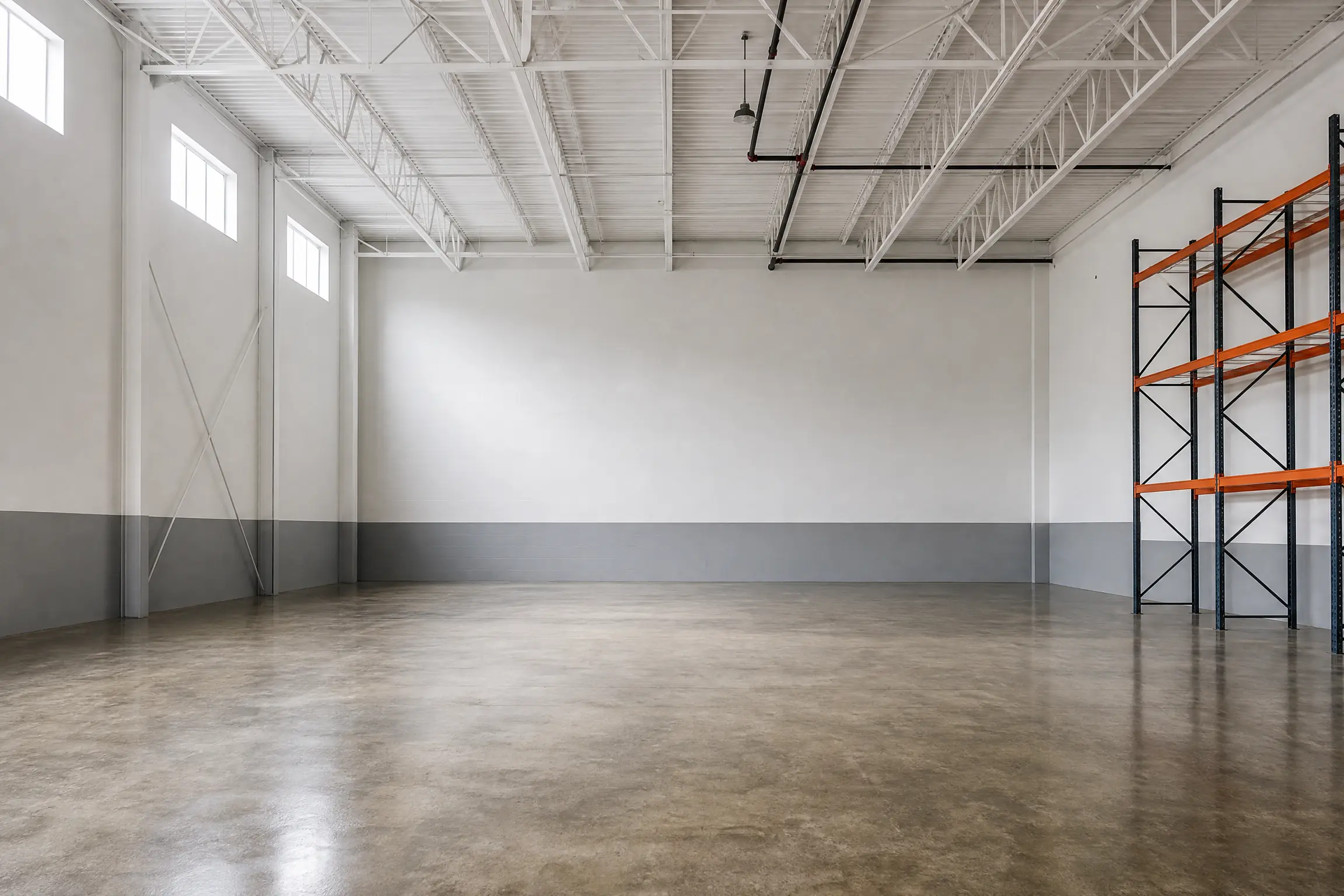 Warehouse with its steel joists and roof deck freshly painted white