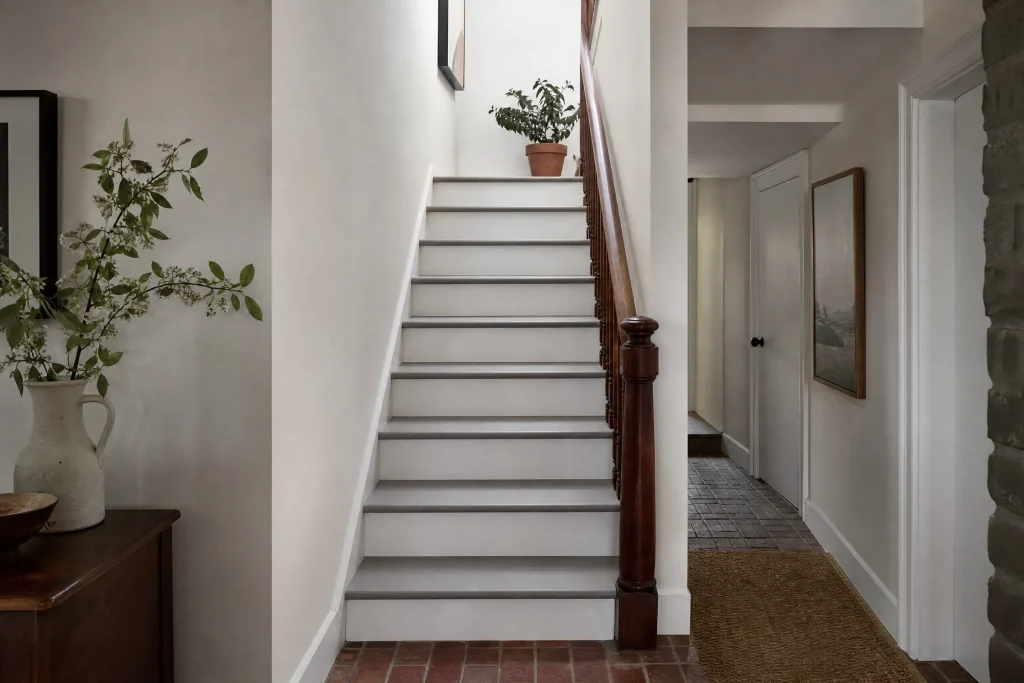 Basement stair freshly painted with grey treads and white risers