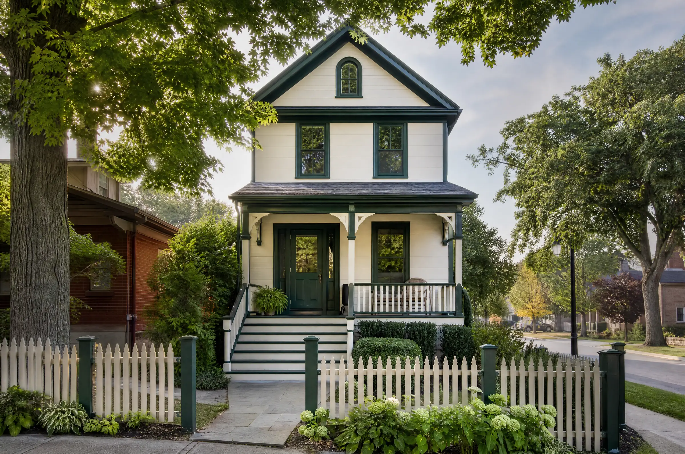 Heritage village house freshly painted cream with green trim