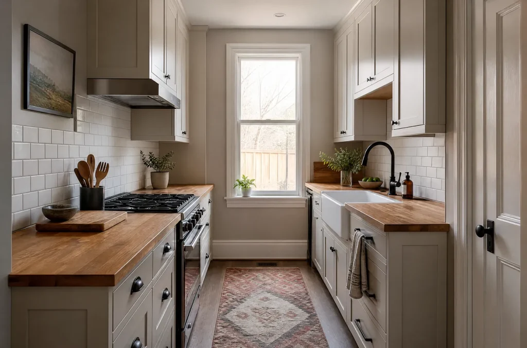 Galley kitchen with freshly painted greige cabinets in an older semi