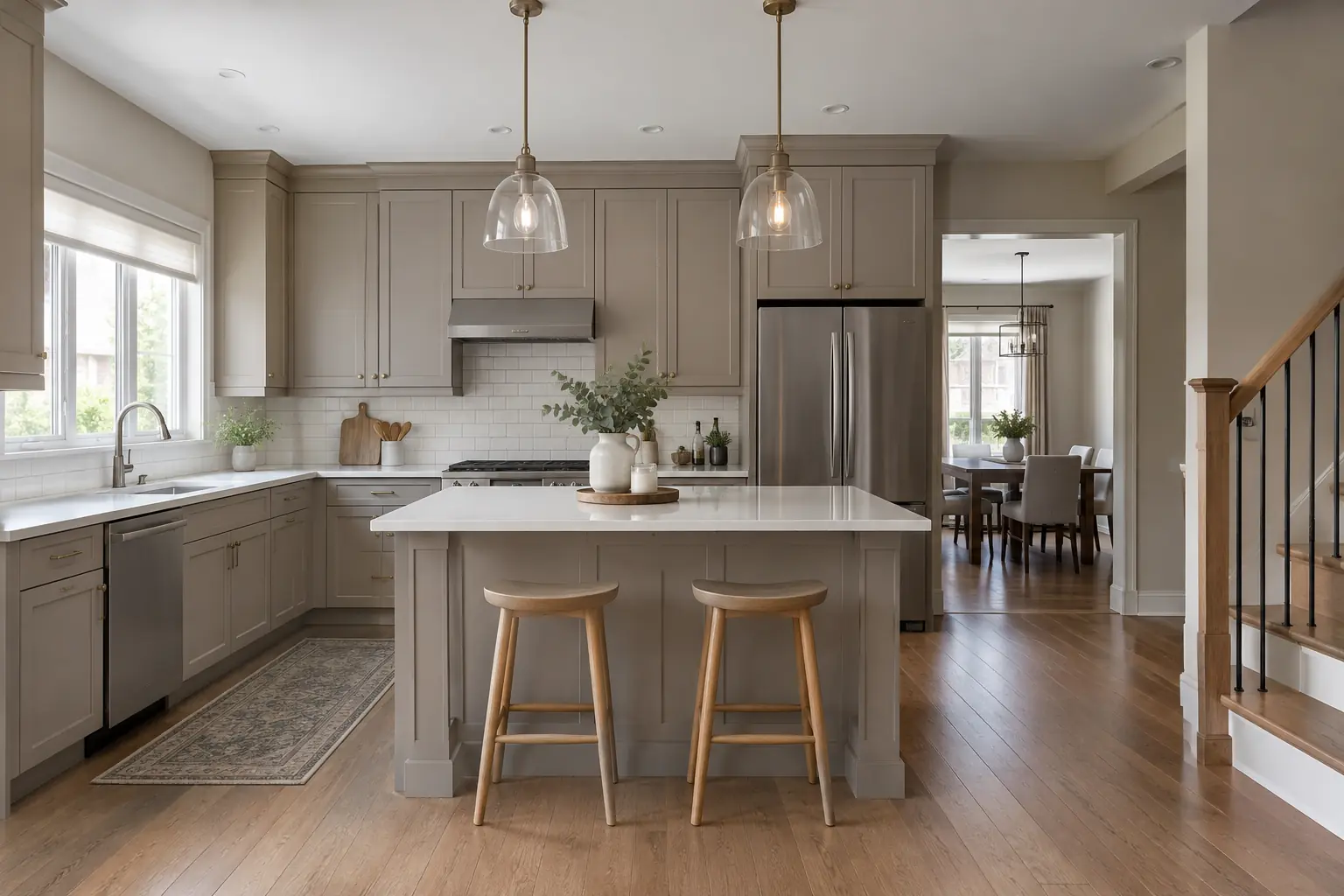 Kitchen with maple cabinets and island sprayed a muted greige-taupe
