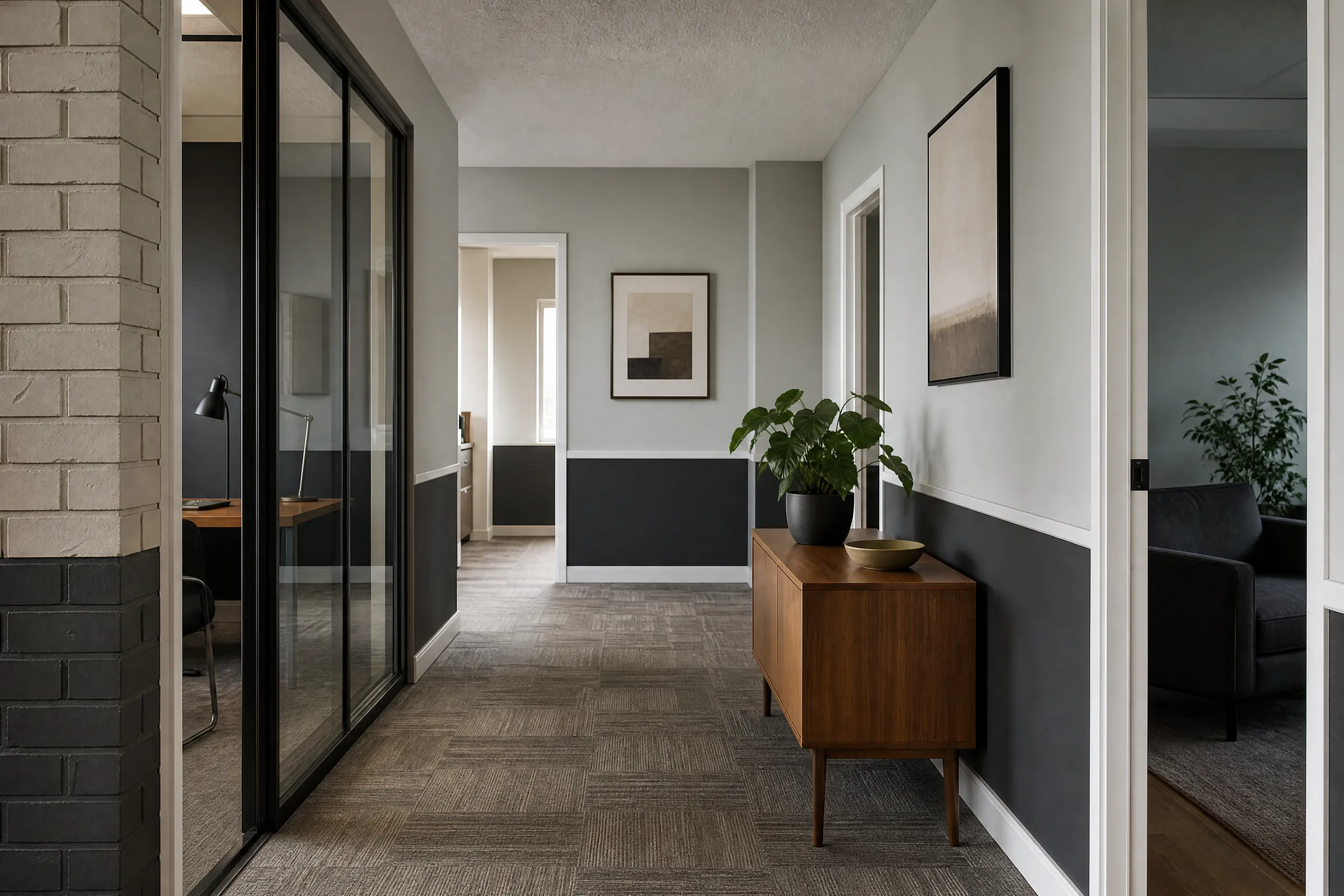 Office corridor freshly painted light grey with white door frames