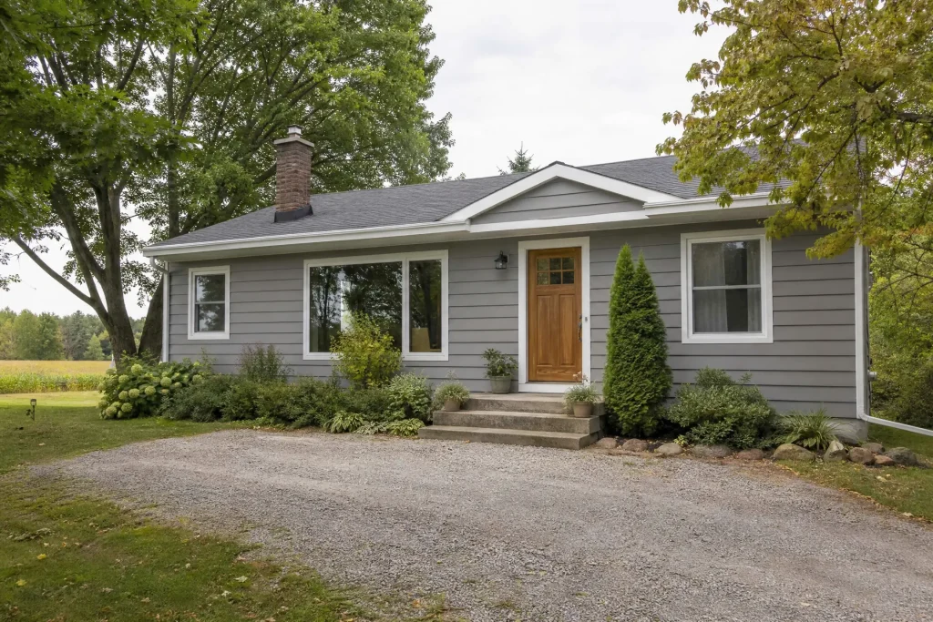 Rural bungalow with aluminum siding repainted from brown to soft grey
