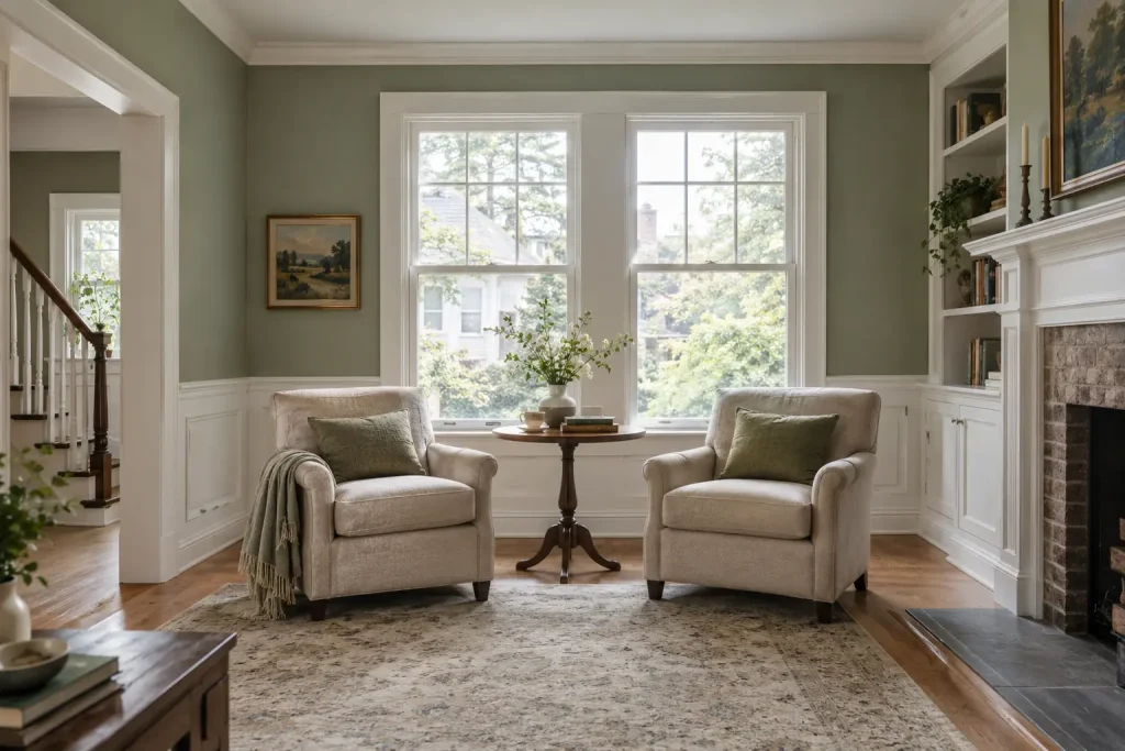 Sitting room freshly painted muted sage green with a white wainscot