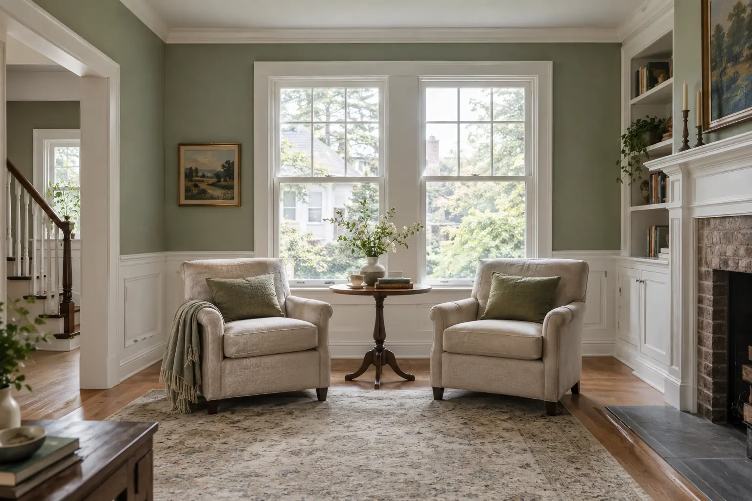 Sitting room freshly painted muted sage green with a white wainscot