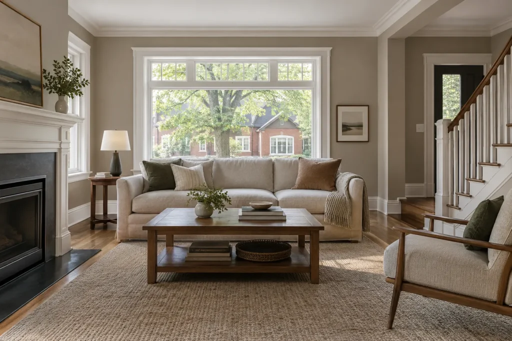 Family room freshly painted warm greige with crisp white trim