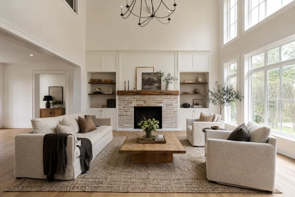 Double-height living room freshly painted soft warm white with large windows