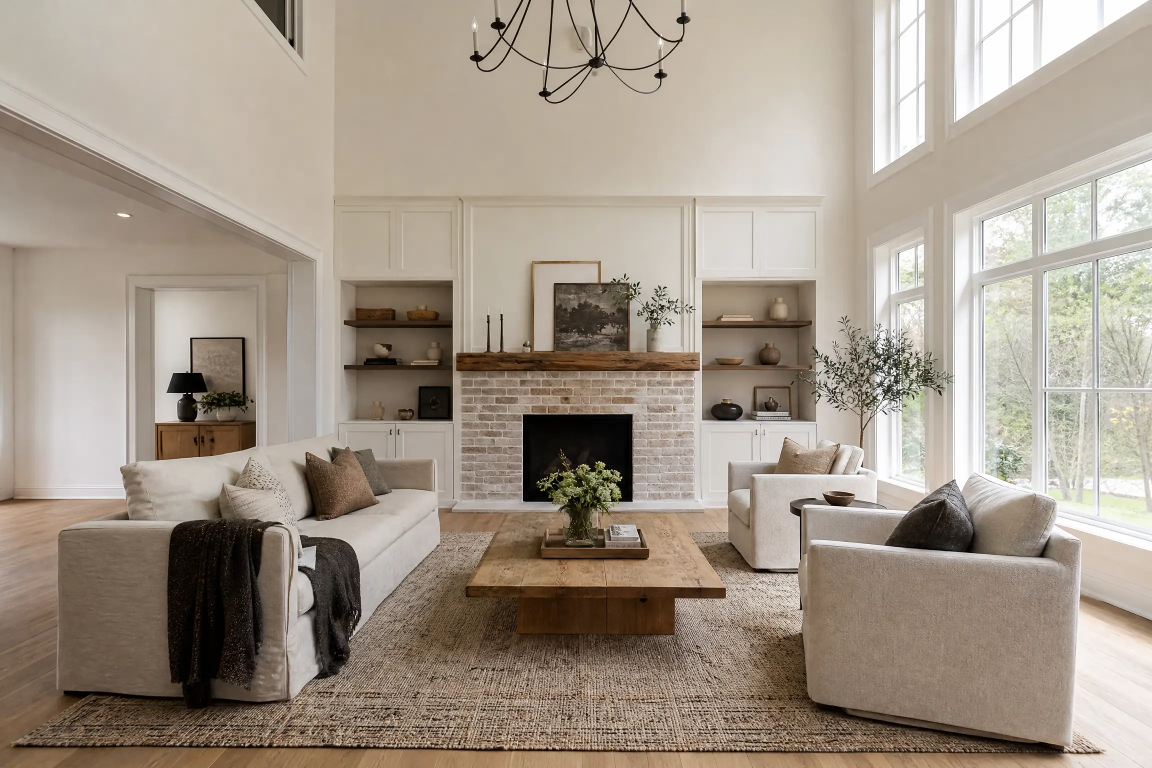 Double-height living room freshly painted soft warm white with large windows