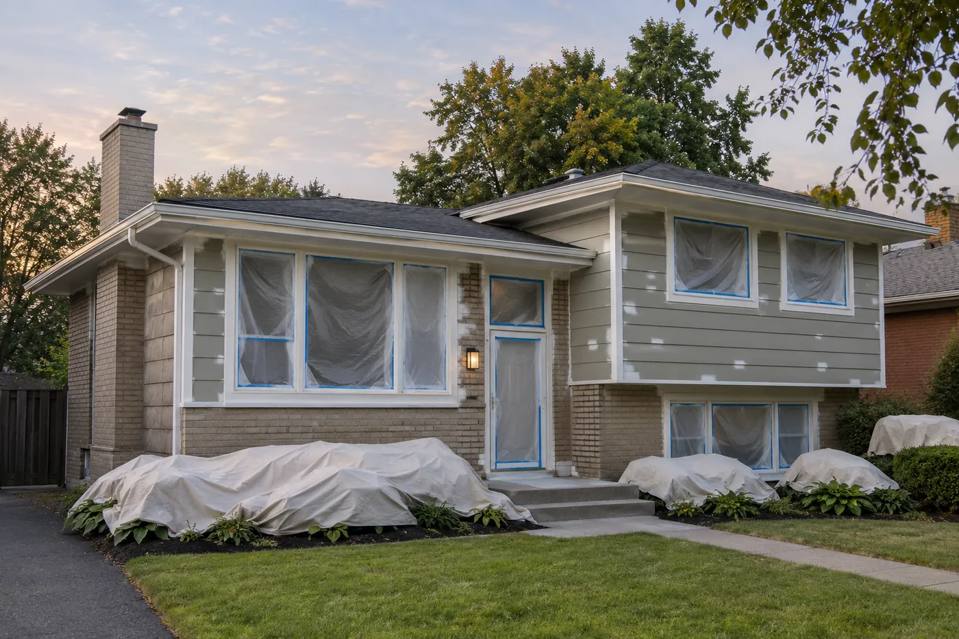 Side-split house prepared for an exterior repaint, windows masked and shrubs covered