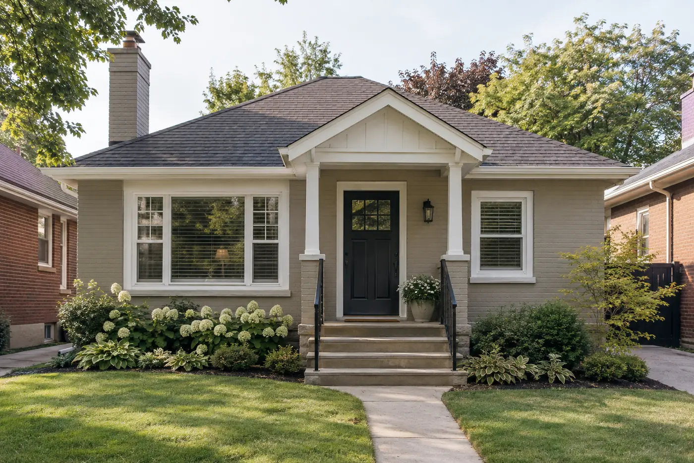 Brick bungalow professionally painted warm greige with a black door