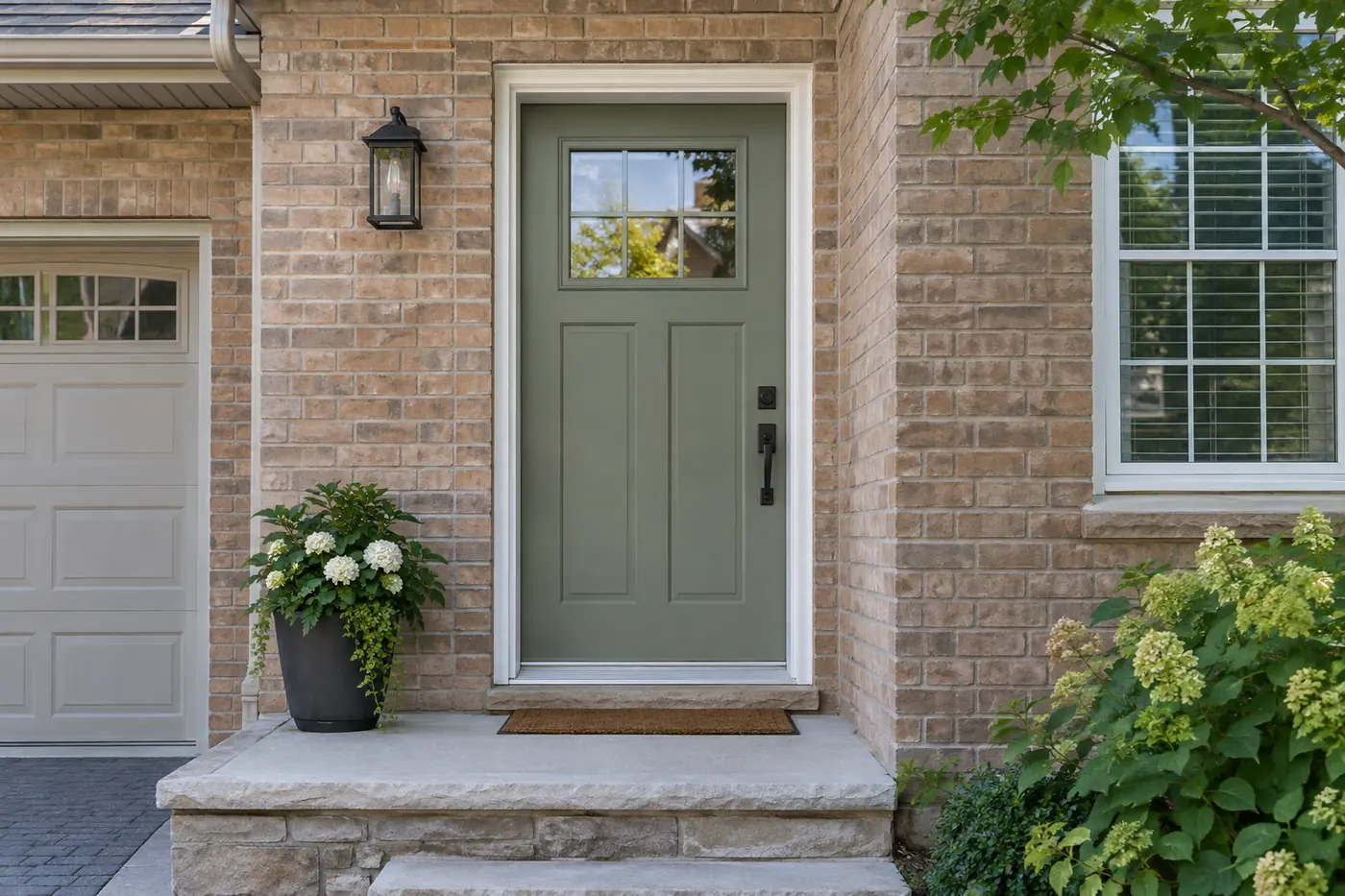 Fibreglass front door freshly painted muted sage green