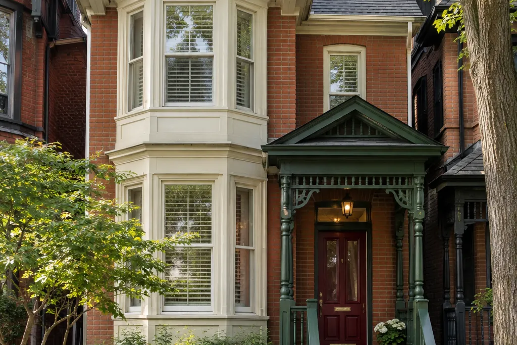 Bay-and-gable brick house with cream gingerbread trim and a green porch
