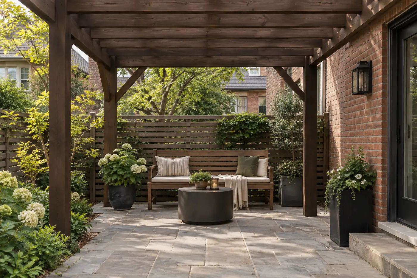 Pergola over a stone patio freshly stained dark brown