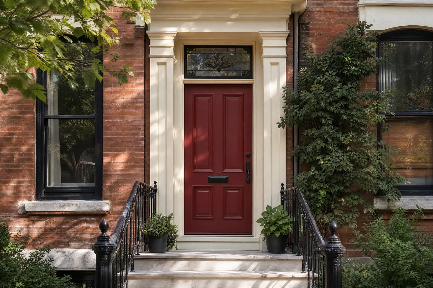 Victorian front door freshly painted oxblood with a stained-glass transom