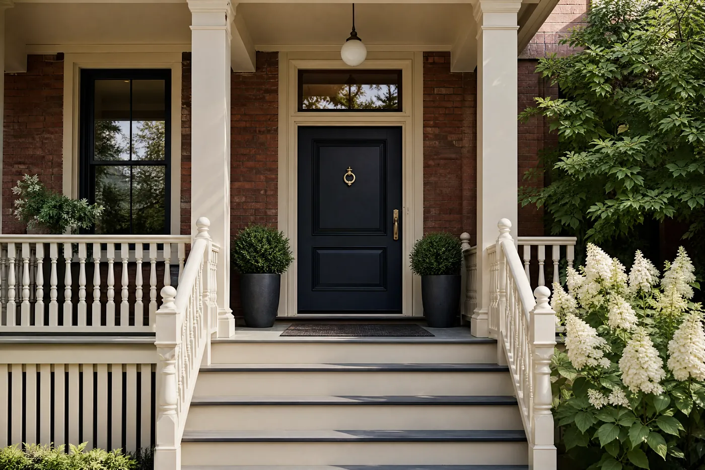 Victorian porch with freshly painted cream columns and a deep navy front door