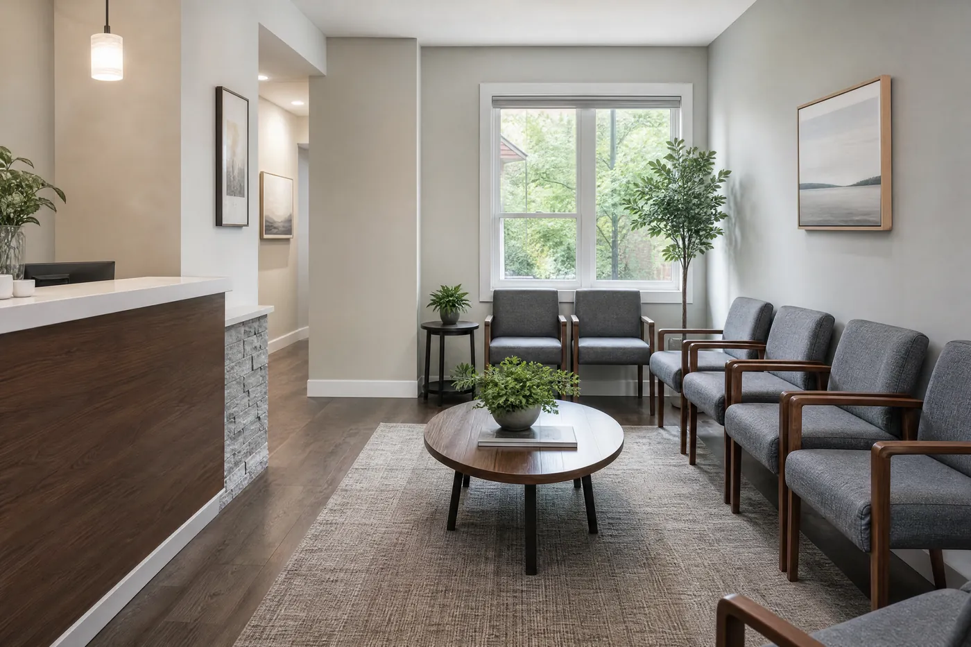 Medical clinic waiting room freshly painted soft white and grey