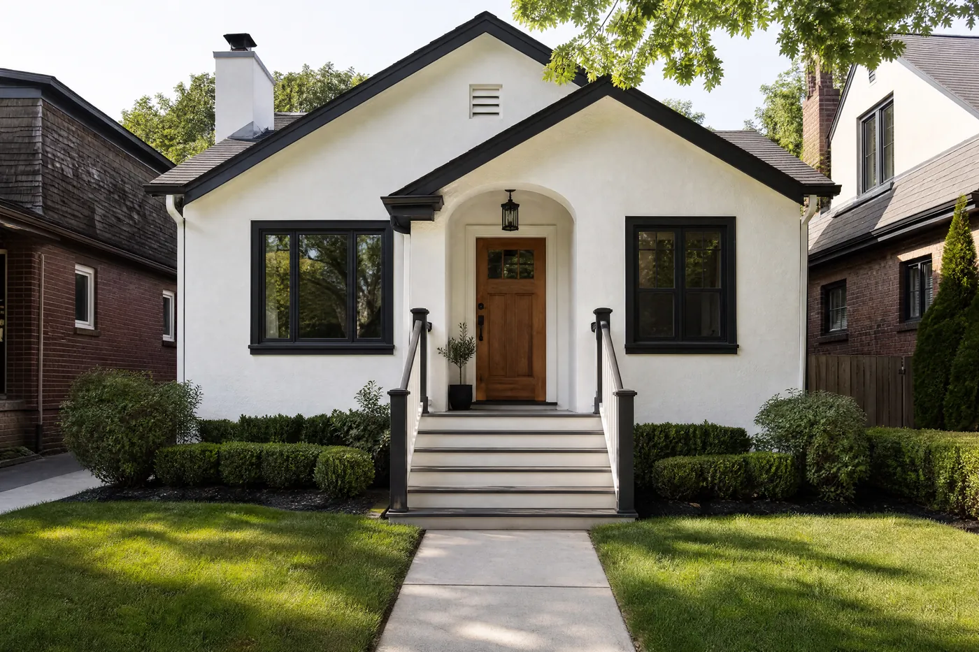 1950s stucco bungalow freshly painted warm white with charcoal trim