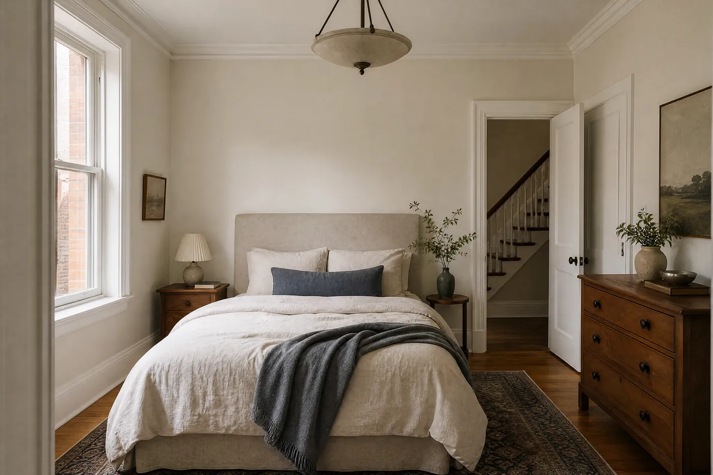 Bedroom freshly painted a soft warm white with crisp trim
