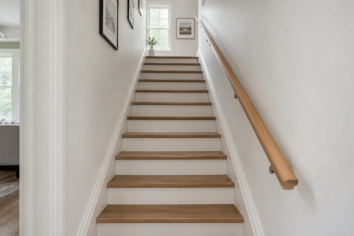 Bright stairwell freshly painted white with oak treads and a wall-mounted handrail
