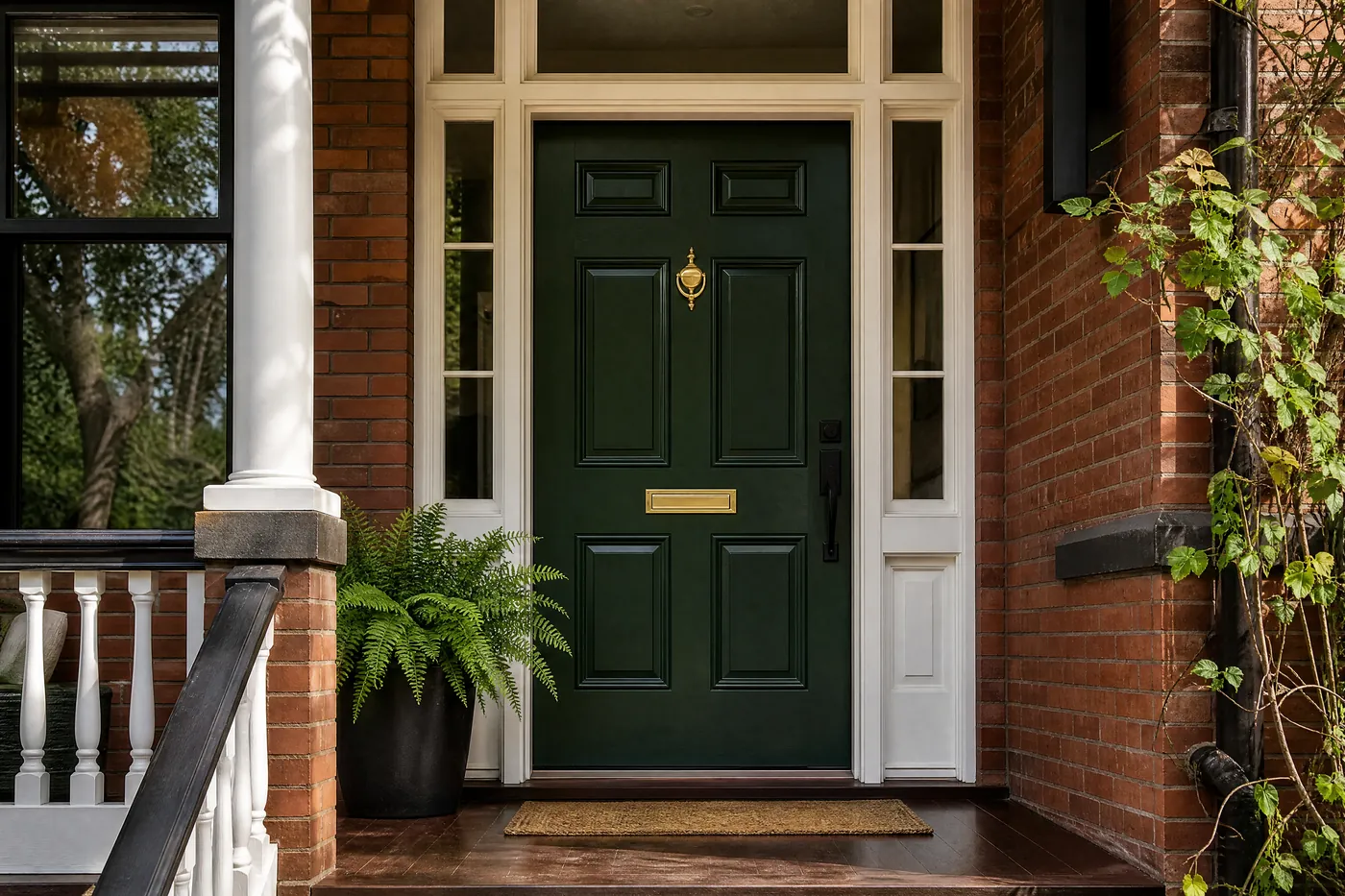 Front door freshly painted a deep forest green on a brick house