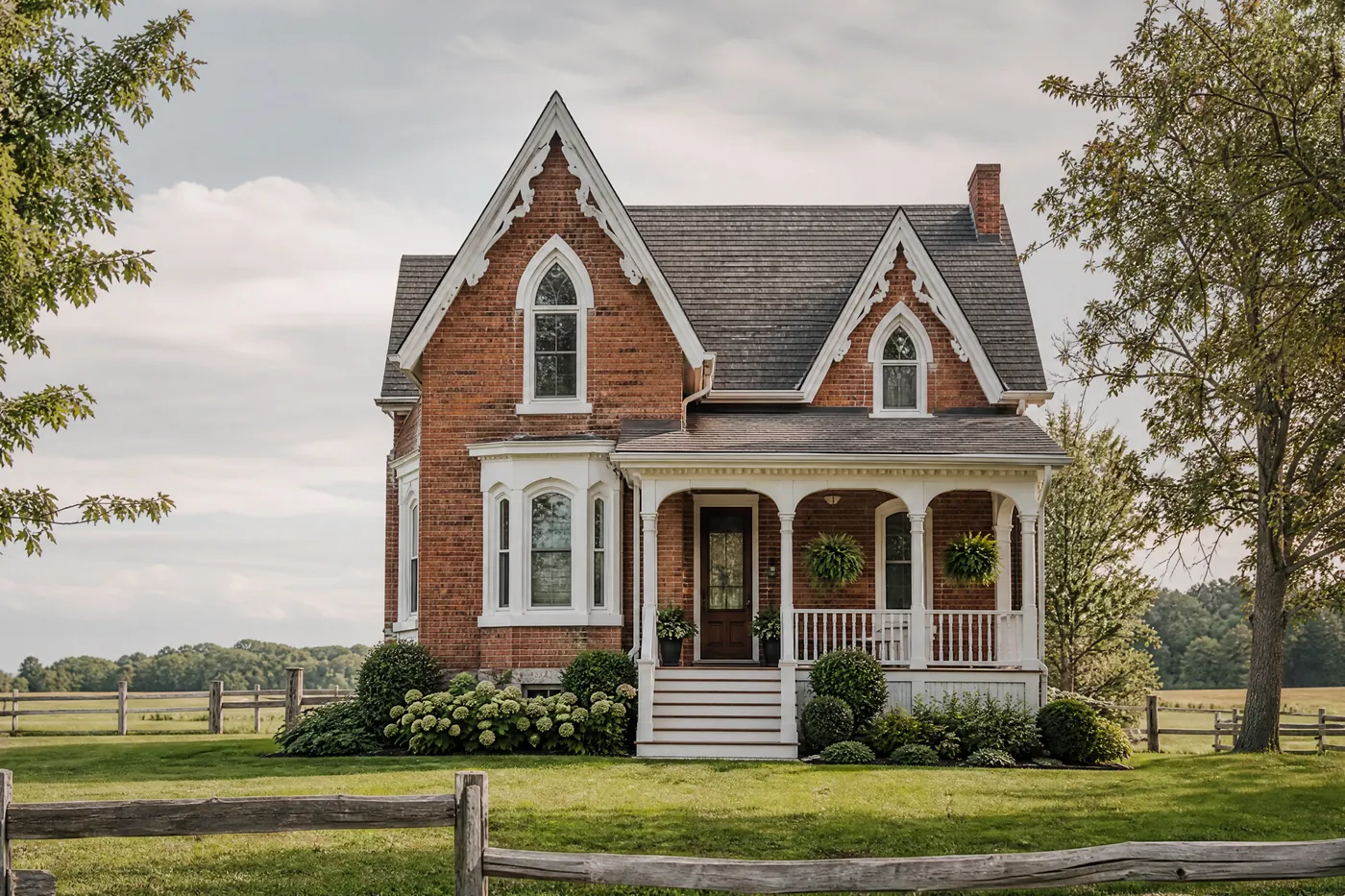 Red-brick Ontario farmhouse with freshly painted white trim and porch