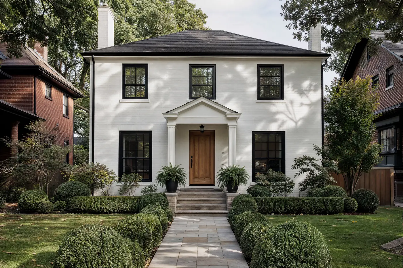 Brick house freshly painted soft white with black windows and a wood door