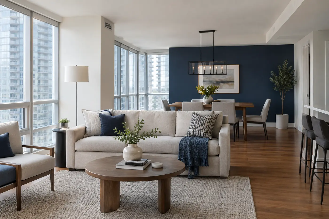 Condo living and dining area with a freshly painted navy accent wall