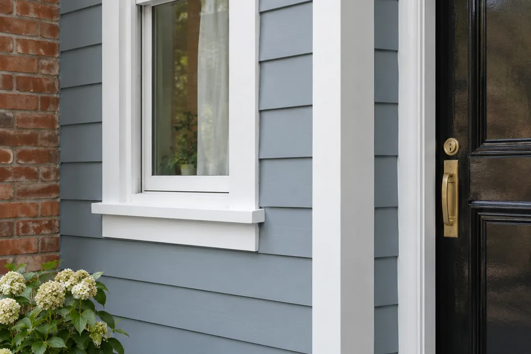 Freshly painted blue-grey siding, white semi-gloss trim and a glossy black front door