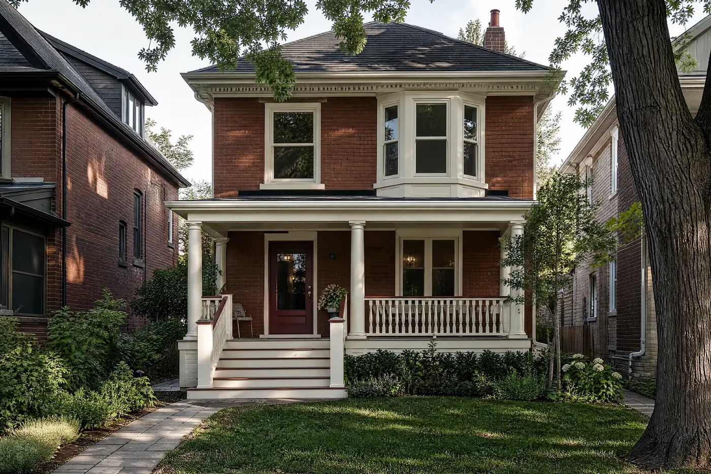 Edwardian brick house with a freshly painted burgundy front door and cream trim