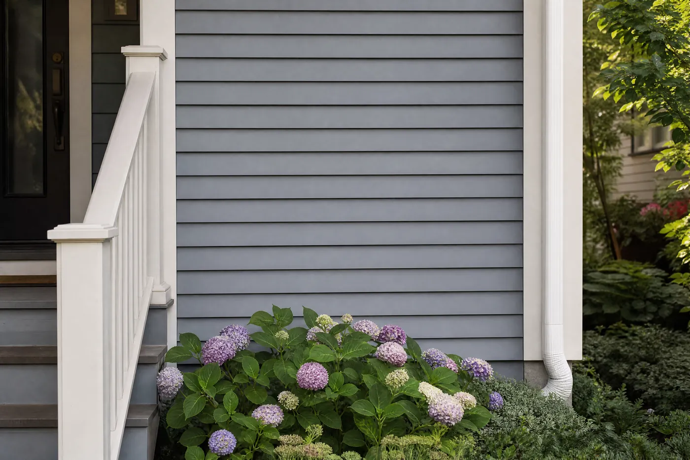 Close detail of freshly painted aluminum siding and white corner board