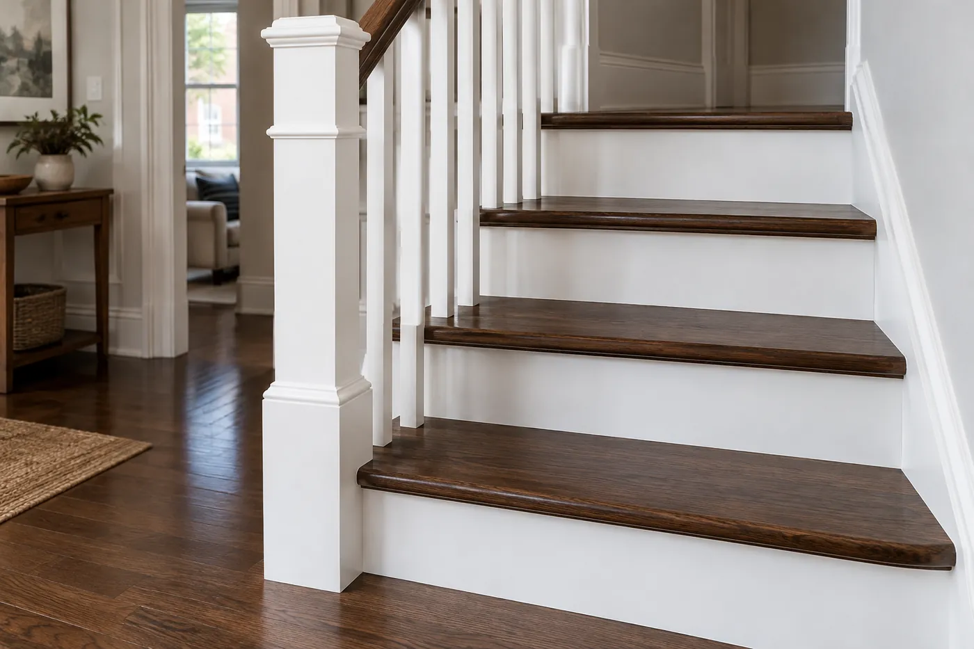 Freshly stained walnut stair treads with white risers and a white newel post