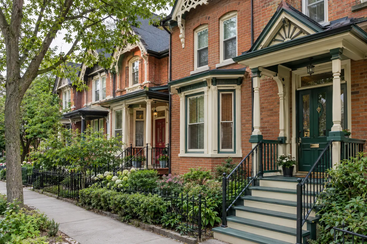 Row of Victorian brick row houses with freshly painted trim and black railings