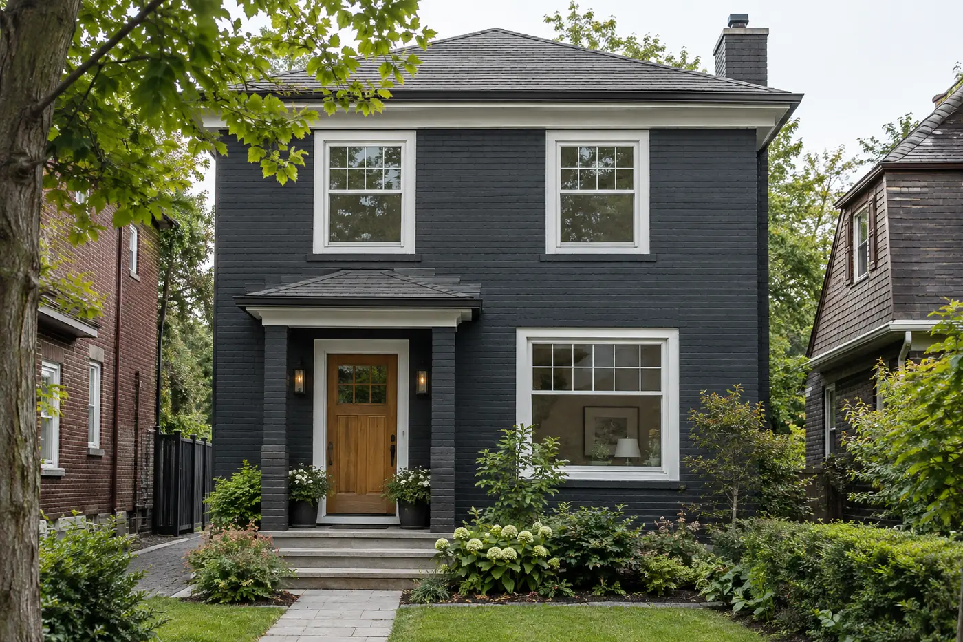 Brick house professionally painted deep charcoal with white trim