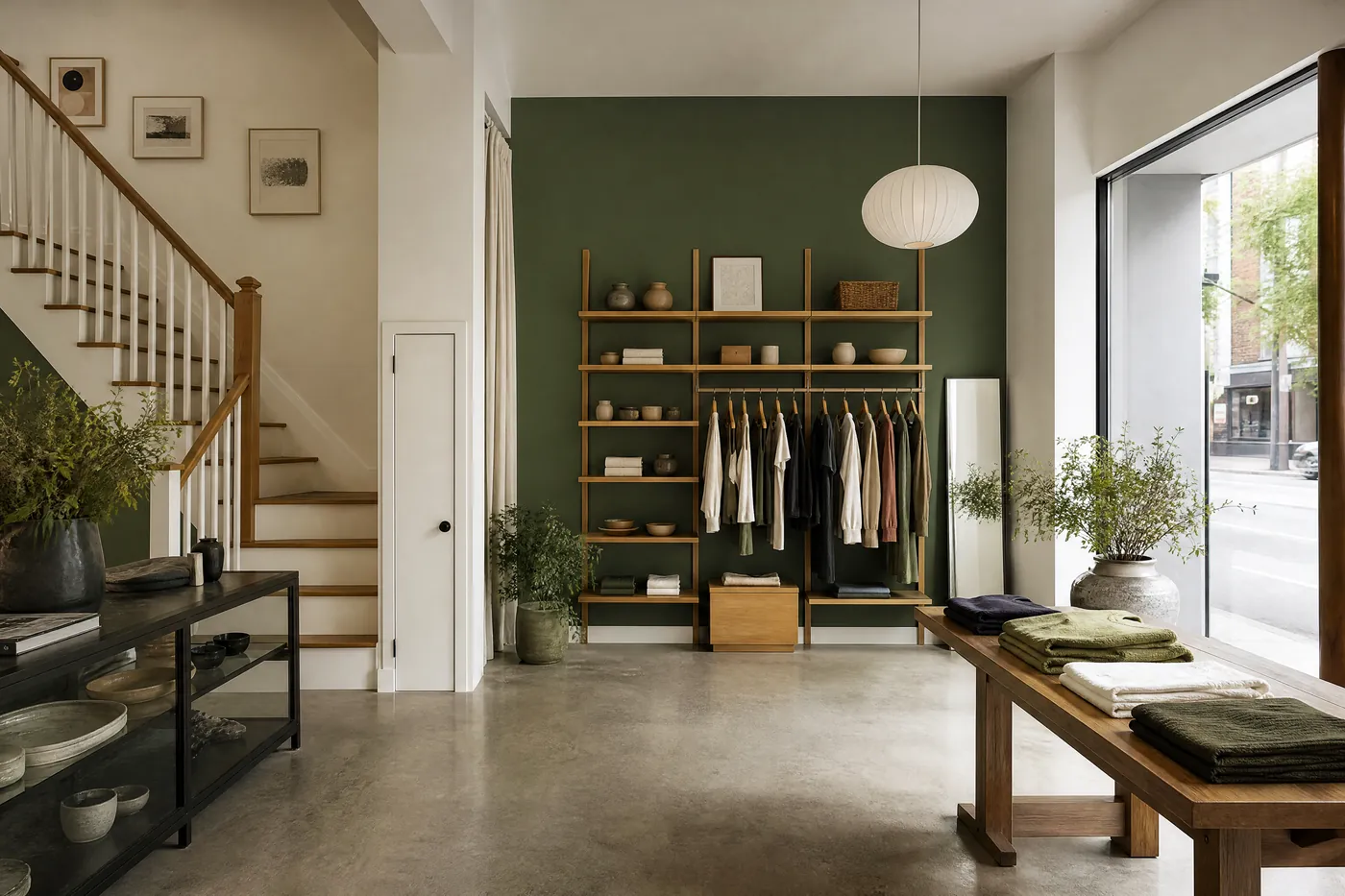 Retail store freshly painted white with a deep green feature wall