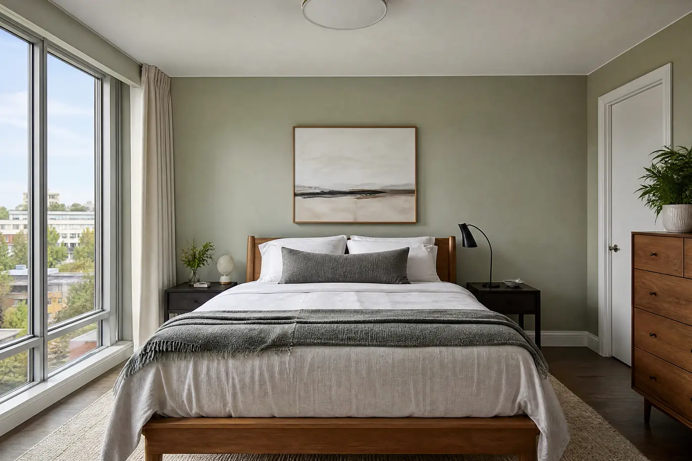 Condo bedroom freshly painted pale sage with a crisp ceiling line