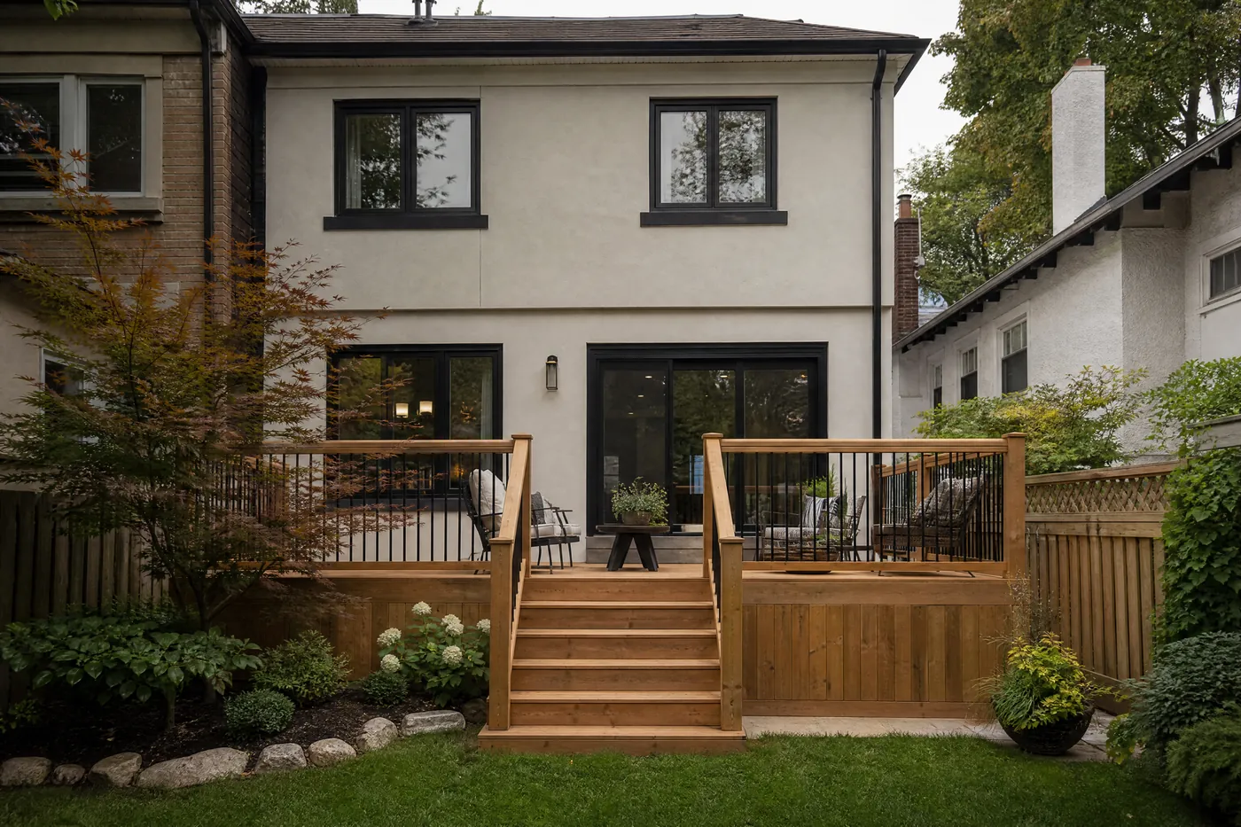 Cedar deck freshly stained a natural tone in a city backyard