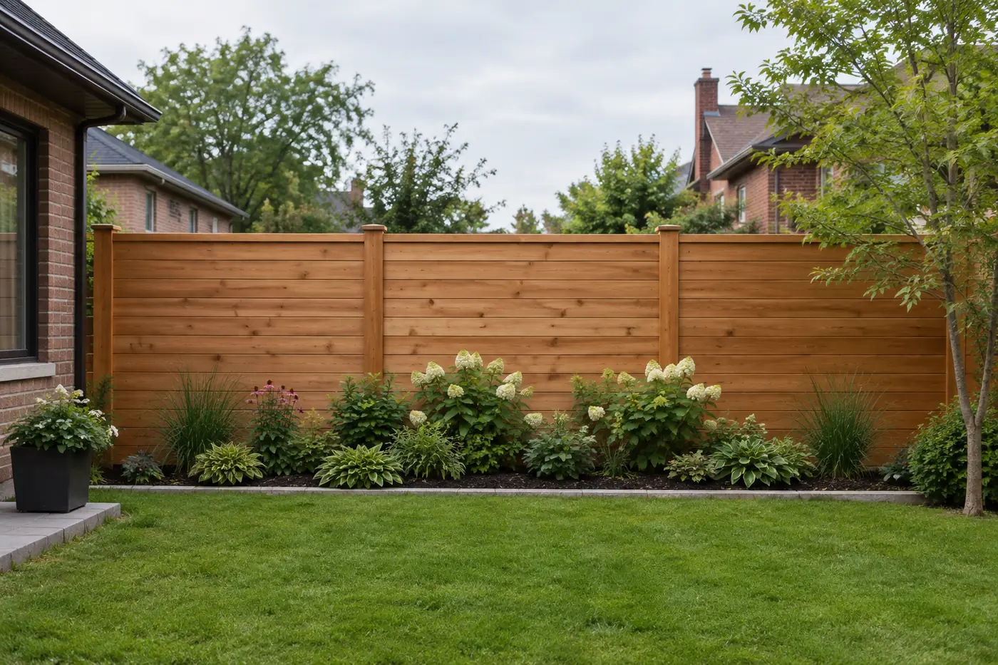 Horizontal cedar fence freshly stained a natural cedar tone