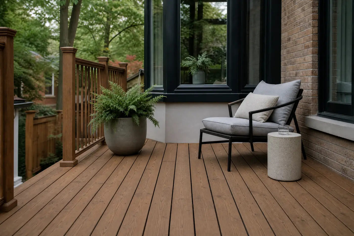 Cedar deck boards freshly stained a muted natural brown