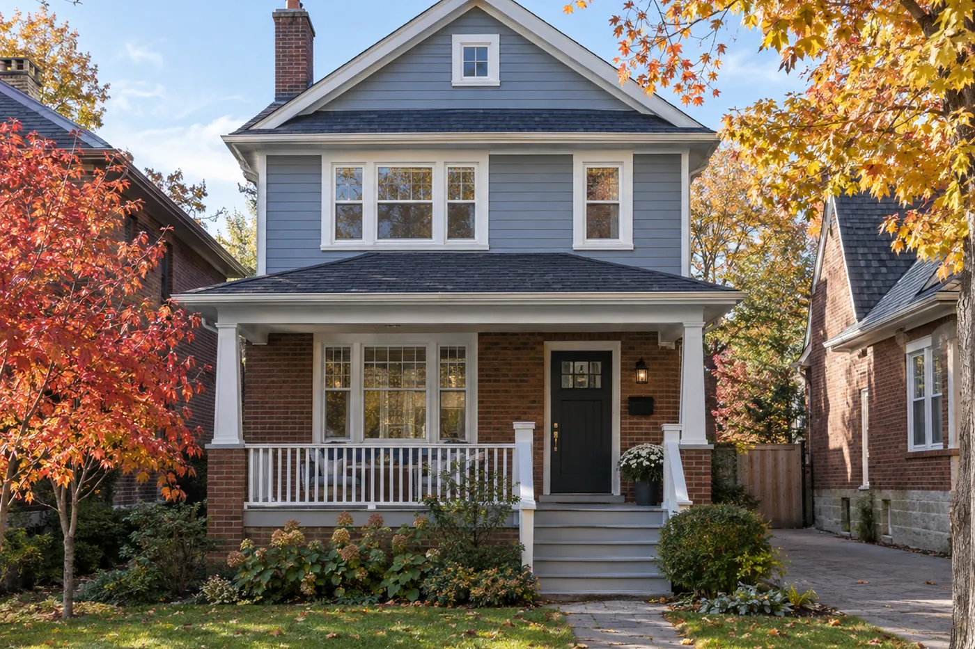 Two-storey house freshly repainted blue-grey with white trim on an autumn day