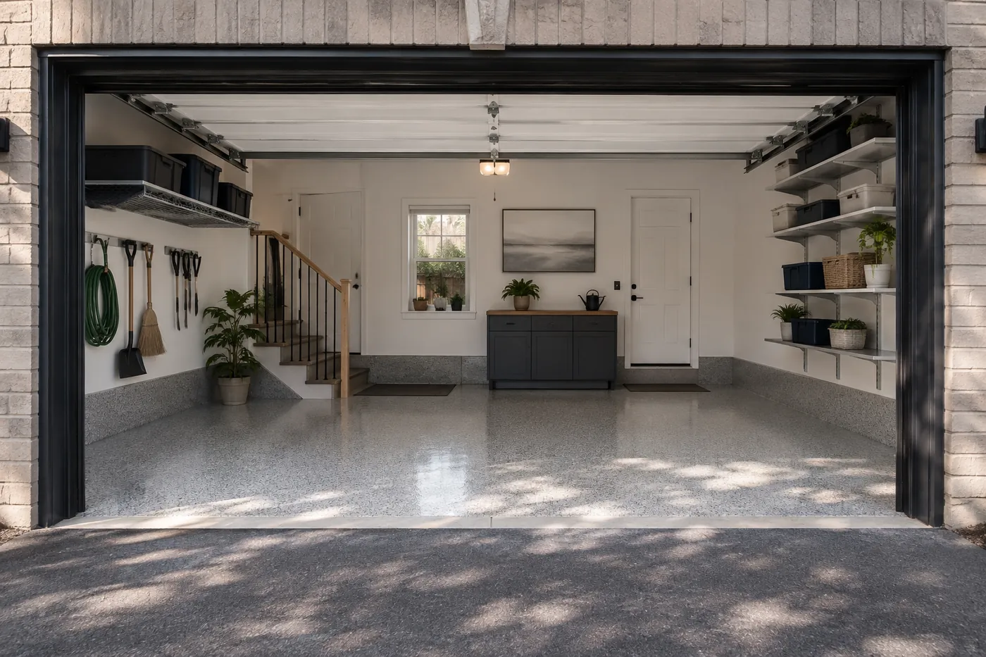 Garage with a freshly applied grey epoxy floor coating