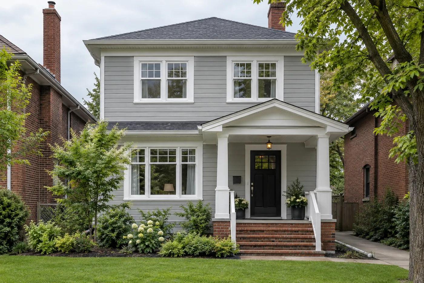 Two-storey house freshly repainted pale grey with white trim and a black door